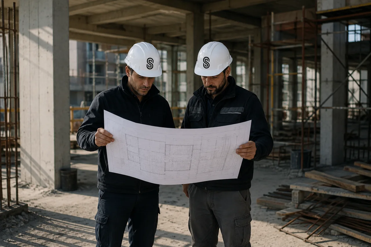 Dos profesionales de Sinergia Desarrollos revisando planos en obra